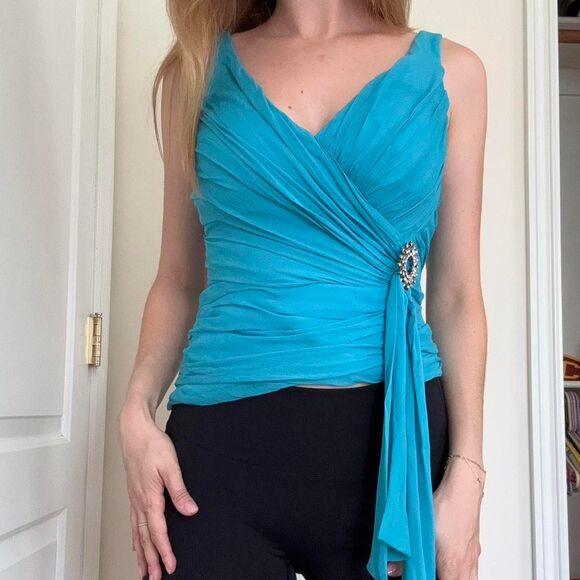 Y2K 100% Silk Draped V Neck Going Out Top Brooch Detail Britney Spears - Picture 1 of 8